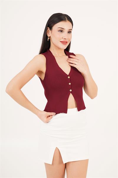 Üç Düğme Detay Kaşkorse Bordo Bluz	