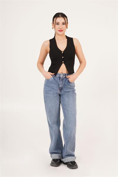 Üç Düğme Detay Kaşkorse Siyah Bluz	