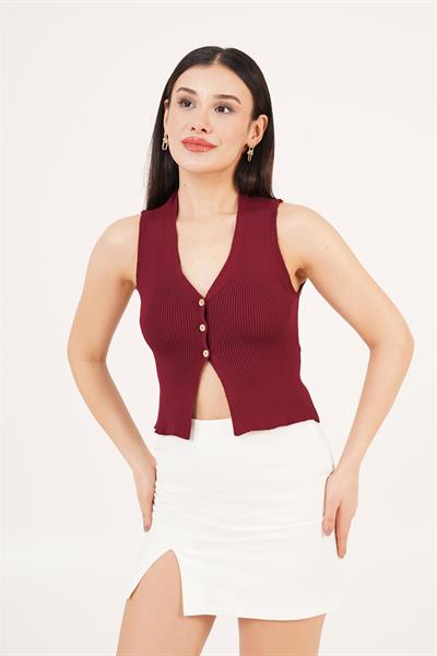 Üç Düğme Detay Kaşkorse Bordo Bluz	