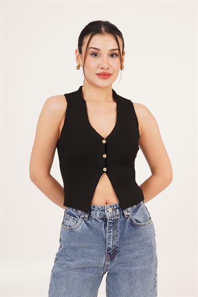 Üç Düğme Detay Kaşkorse Siyah Bluz	