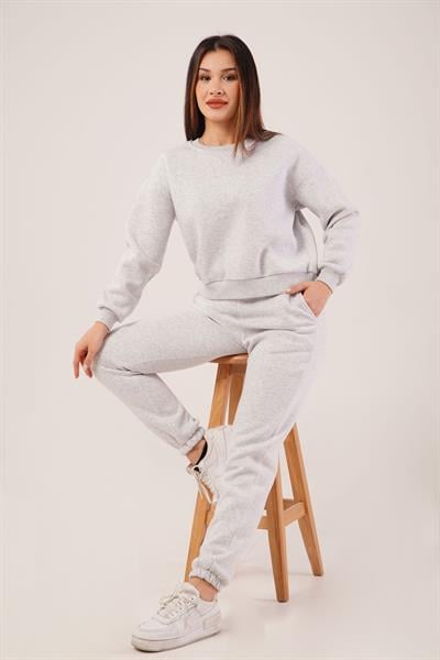Üç İplik İçi Pamuklu Gri Sweat Eşofman Takım