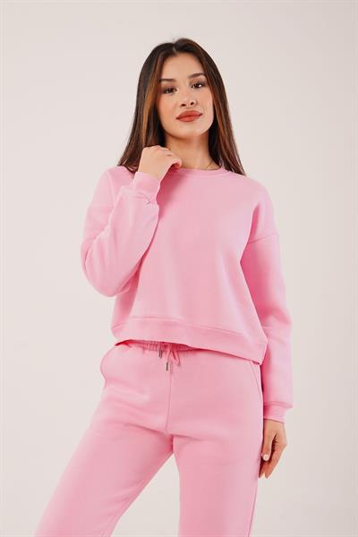 Üç İplik İçi Pamuklu Pembe Sweat Eşofman Takım