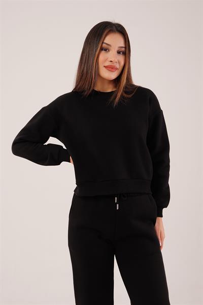 Üç İplik İçi Pamuklu Siyah Sweat Eşofman Takım