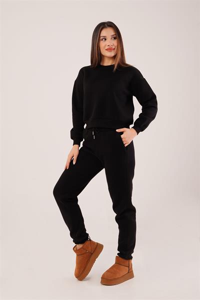 Üç İplik İçi Pamuklu Siyah Sweat Eşofman Takım