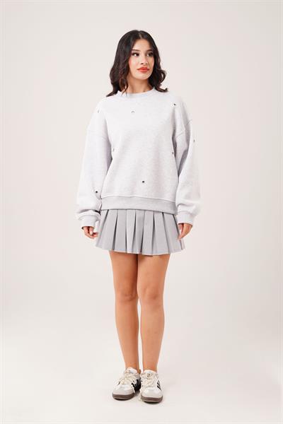 Üç İplik Kuş Gözü Detaylı Gri Sweatshirt