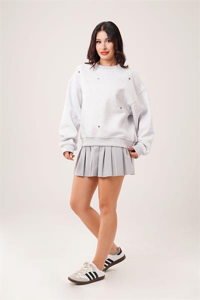 Üç İplik Kuş Gözü Detaylı Gri Sweatshirt