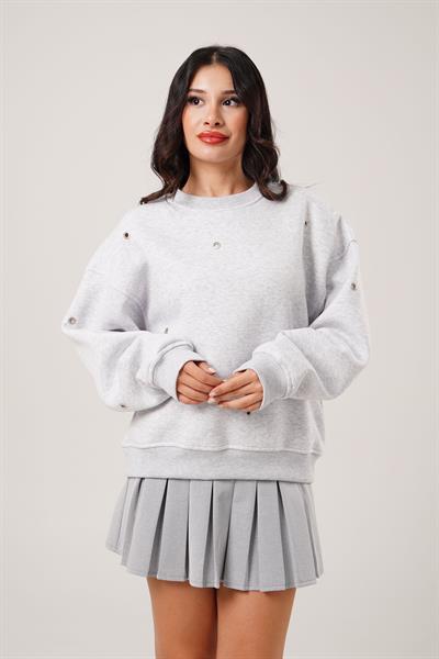 Üç İplik Kuş Gözü Detaylı Gri Sweatshirt
