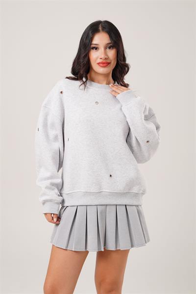Üç İplik Kuş Gözü Detaylı Gri Sweatshirt