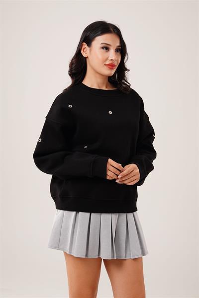 Üç İplik Kuş Gözü Detaylı Siyah Sweatshirt
