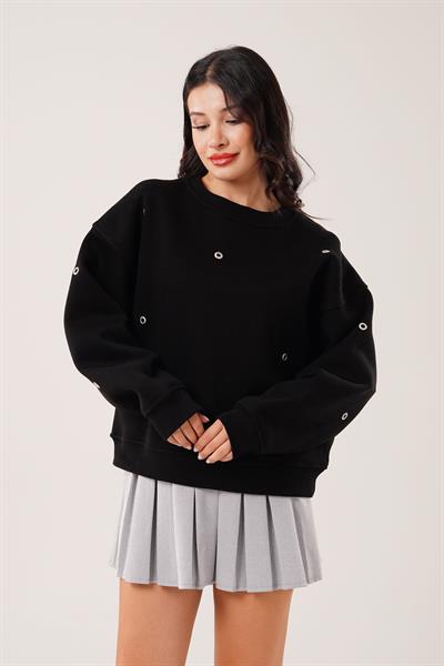 Üç İplik Kuş Gözü Detaylı Siyah Sweatshirt