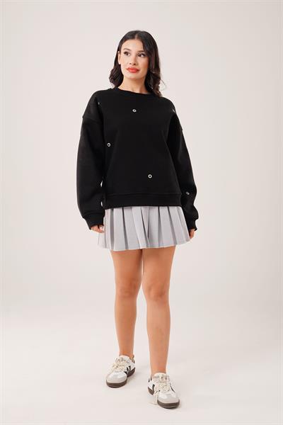 Üç İplik Kuş Gözü Detaylı Siyah Sweatshirt