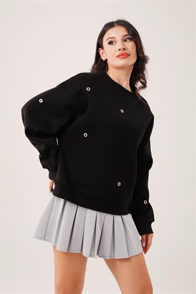 Üç İplik Kuş Gözü Detaylı Siyah Sweatshirt
