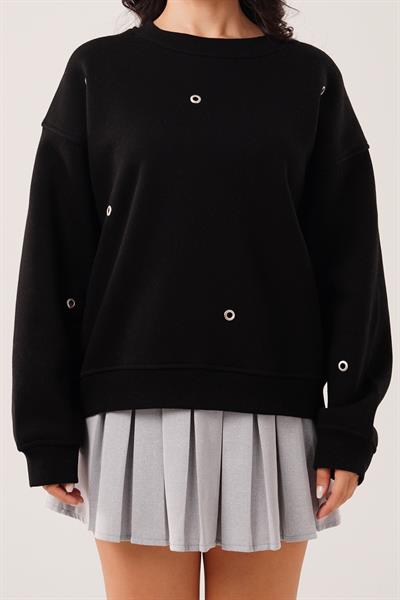 Üç İplik Kuş Gözü Detaylı Siyah Sweatshirt
