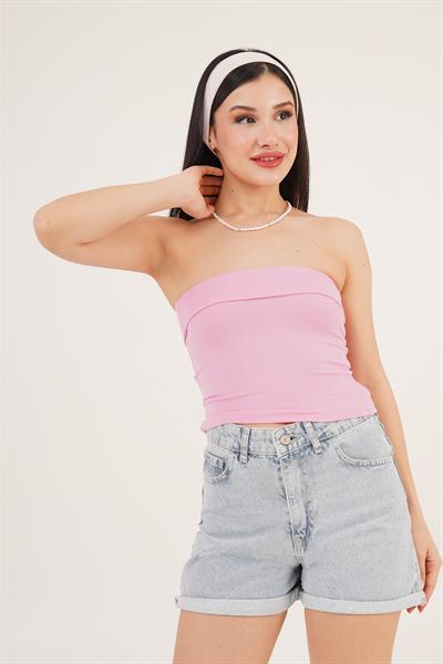 Üst Kısmı Katlama Detaylı Pembe Straplez Bluz