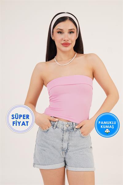 Üst Kısmı Katlama Detaylı Pembe Straplez Bluz