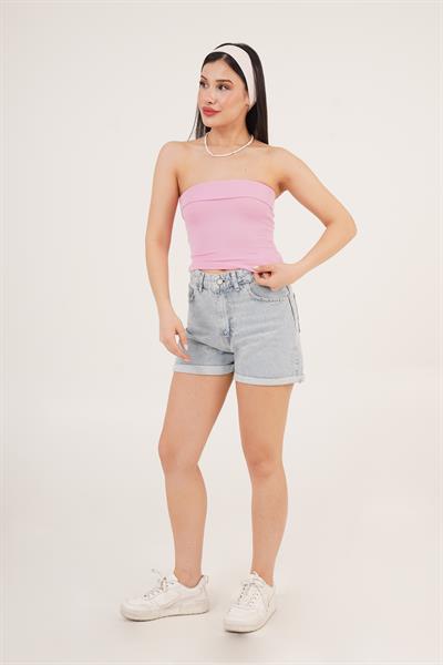 Üst Kısmı Katlama Detaylı Pembe Straplez Bluz