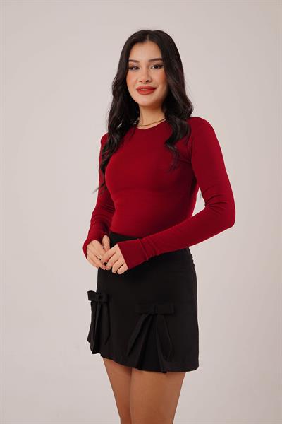 Uzun Kollu Basic Bordo Bluz