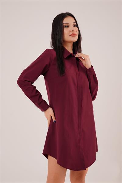 Uzun Kollu Bordo Tunik Gömlek Elbise
