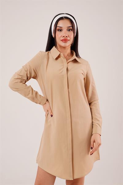 Uzun Kollu Camel Tunik Gömlek Elbise