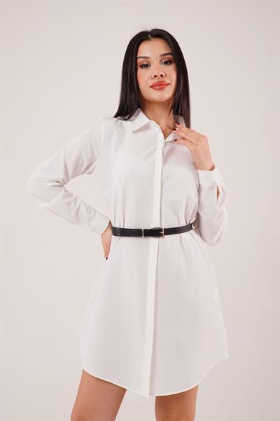 Uzun Kollu Ekru Tunik Gömlek Elbise