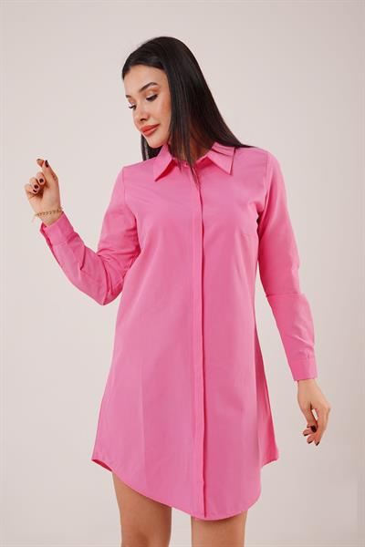 Uzun Kollu Pembe Tunik Gömlek Elbise