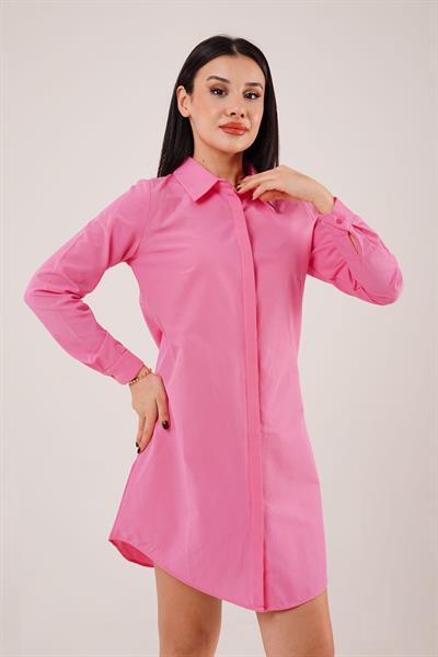Uzun Kollu Pembe Tunik Gömlek Elbise