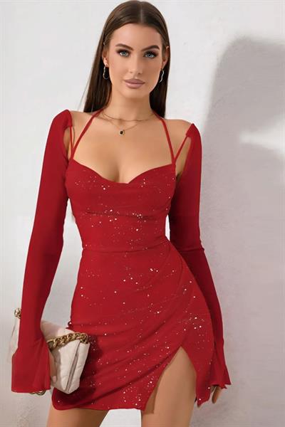 Kolu Tüllü Simli Kırmızı Fantazi Elbisesi