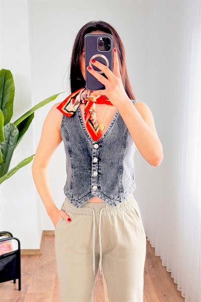 V Yaka Antrasit Denim Yelek