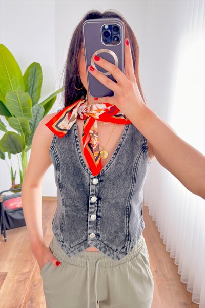 V Yaka Antrasit Denim Yelek