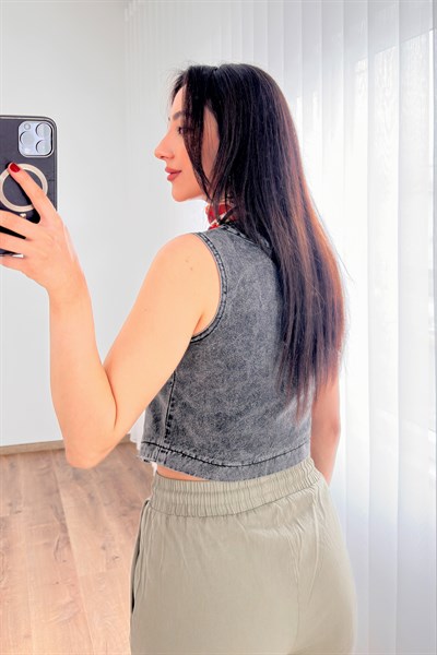 V Yaka Antrasit Denim Yelek