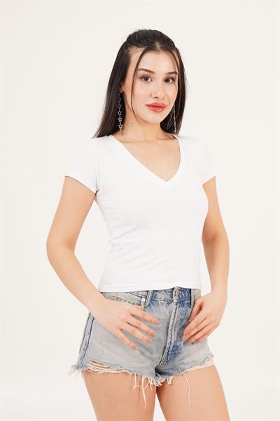 V Yaka Basic Beyaz Tişört