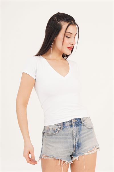 V Yaka Basic Beyaz Tişört