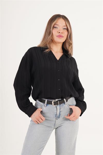V Yaka Çizgili Keten Siyah Gömlek