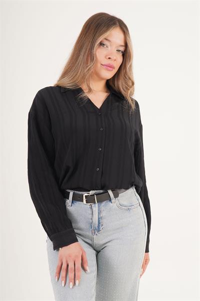 V Yaka Çizgili Keten Siyah Gömlek