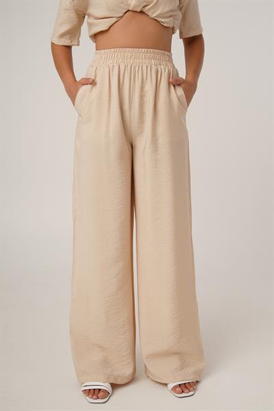 V Yaka Kısa Kol Camel Bluz Pantolon Takım