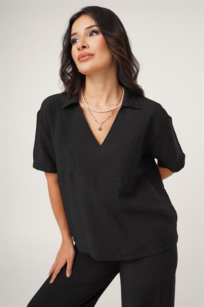 V Yaka Kısa Kol Siyah Bluz Pantolon Takım