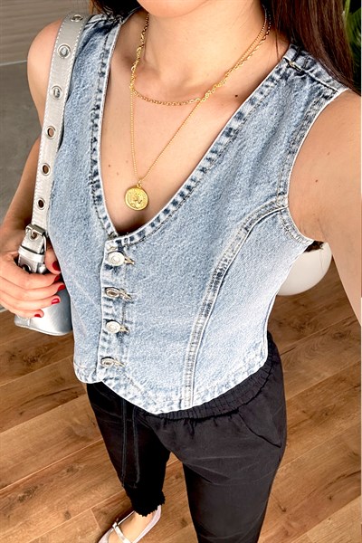 V Yaka Kot Mavi Denim Yelek