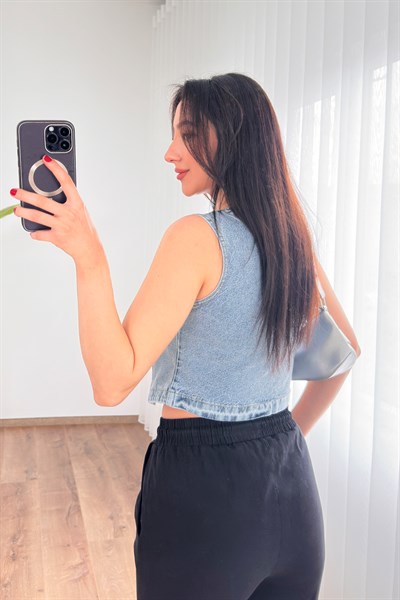 V Yaka Kot Mavi Denim Yelek
