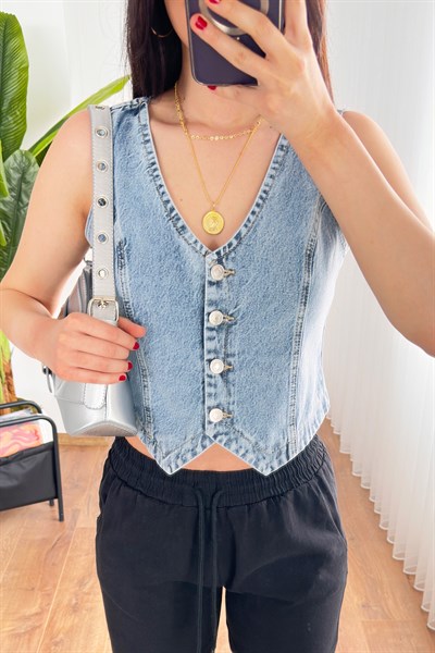 V Yaka Kot Mavi Denim Yelek