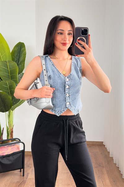V Yaka Kot Mavi Denim Yelek