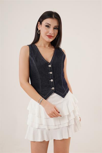 V Yaka Koyu Mavi Denim Yelek