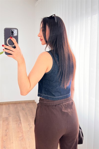 V Yaka Koyu Mavi Denim Yelek