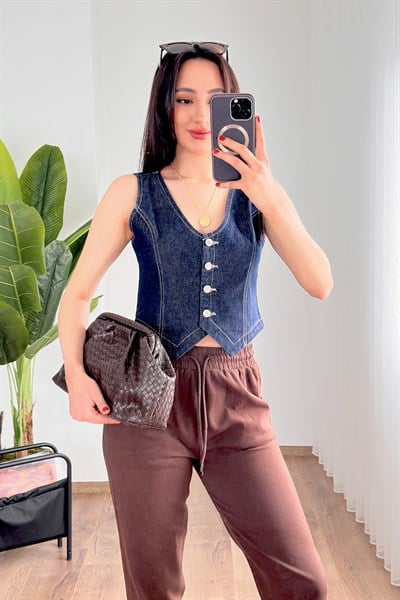 V Yaka Koyu Mavi Denim Yelek