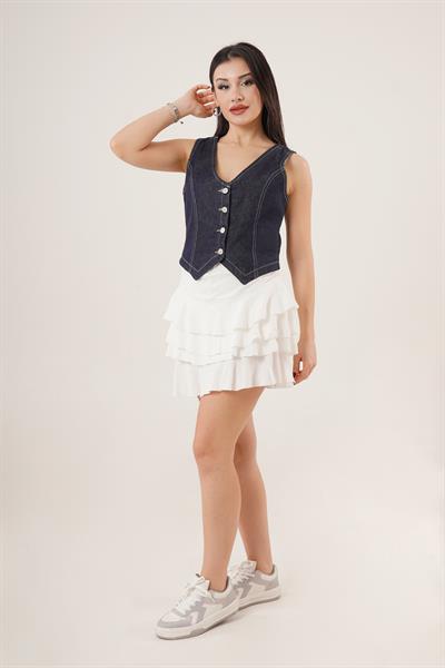 V Yaka Koyu Mavi Denim Yelek