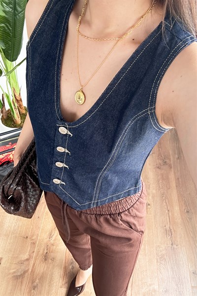 V Yaka Koyu Mavi Denim Yelek