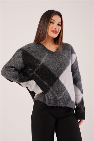 V Yaka Mega Baklava Desen Antrasit Kazak