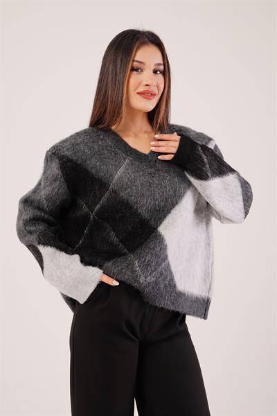 V Yaka Mega Baklava Desen Antrasit Kazak