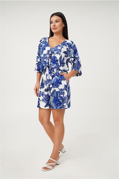 V Yaka Ön Bağlamalı Desenli Şort Bluz Mavi Takım