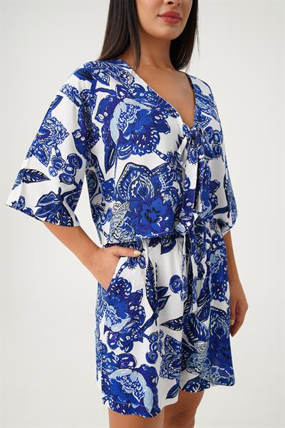 V Yaka Ön Bağlamalı Desenli Şort Bluz Mavi Takım
