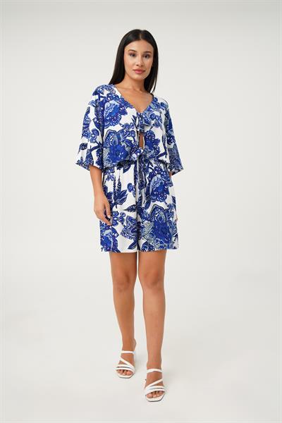 V Yaka Ön Bağlamalı Desenli Şort Bluz Mavi Takım